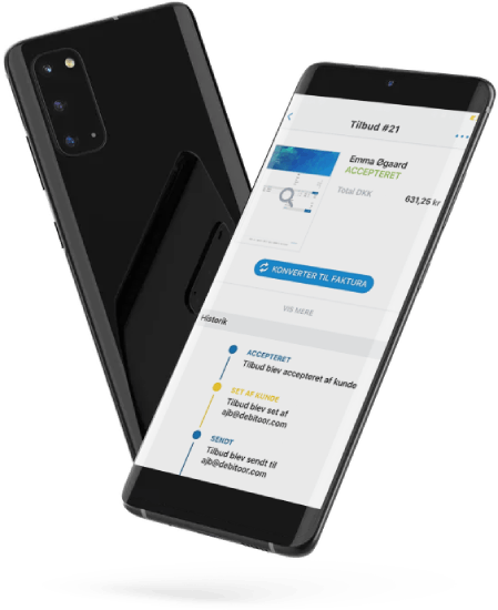 En Android telefon der sender et tilbud med Debitoors mobilapp