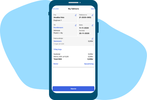 En telefon der bruger Debitoors app, som gør det muligt at sende et faktura ved en fakturaskabelon